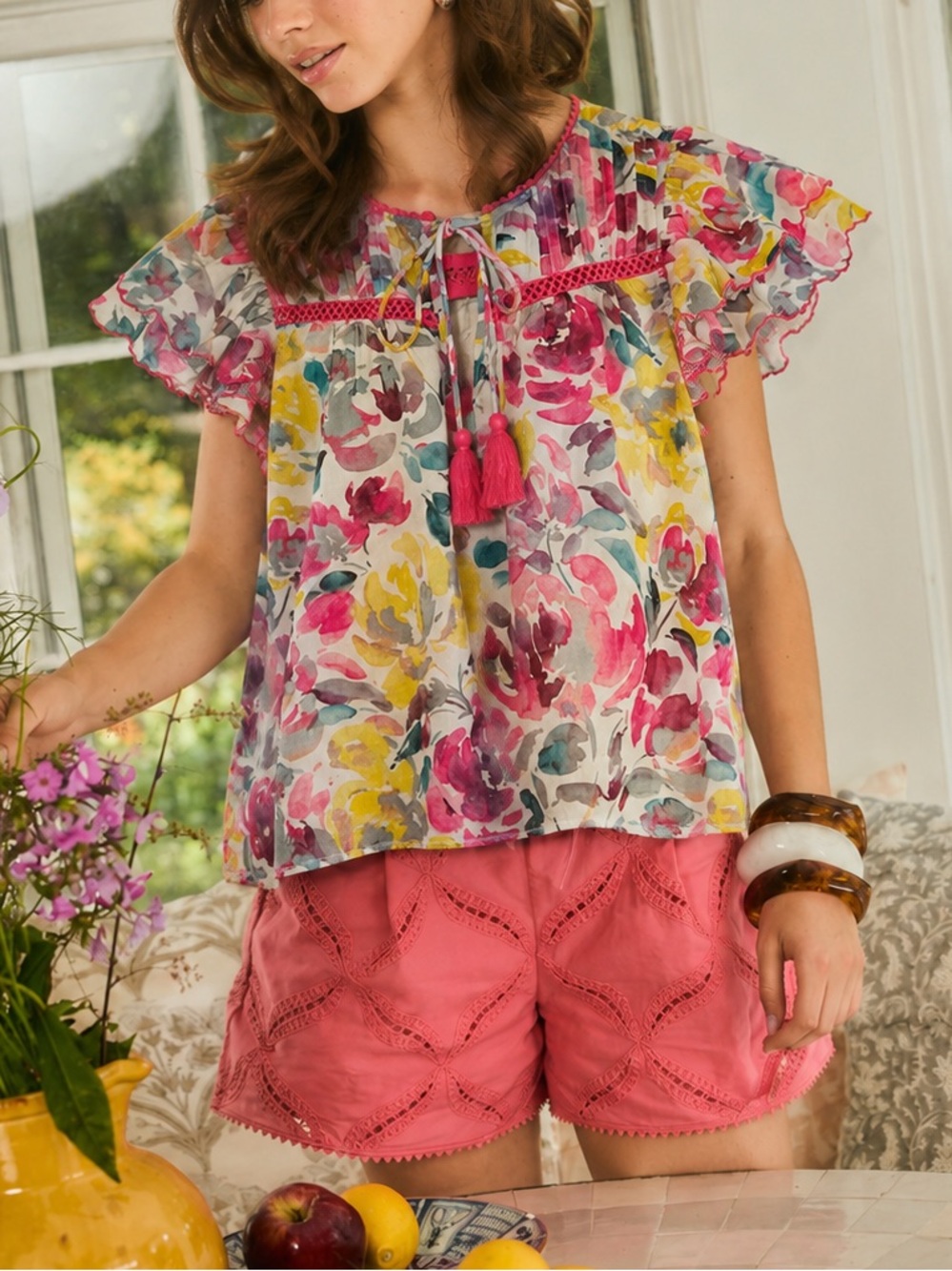 Allison New York Alicia Floral Ruffled Cotton Tie-Neck Blouse